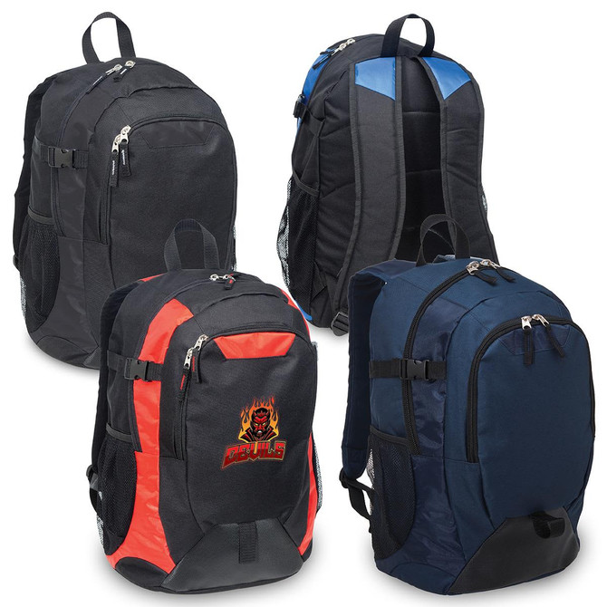 A collection of four laptop backpacks in black, navy, and red with different designs and a visible logo.