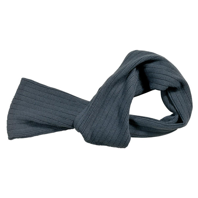 A grey cable knit scarf with a textured design and loose ends, featuring a branding logo.