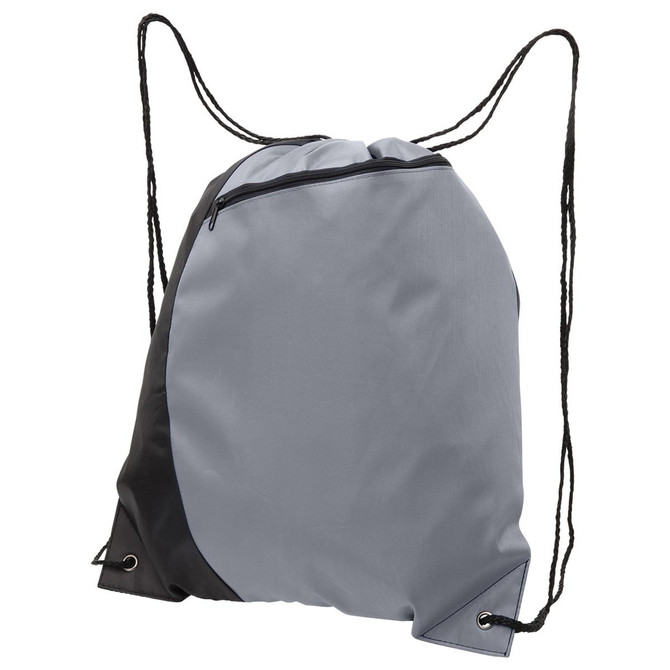 A grey and black drawstring bag with a front zip pocket and adjustable straps. It features a logo.