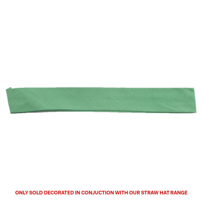 A green cotton hatband with a logo, designed for use with straw hats.