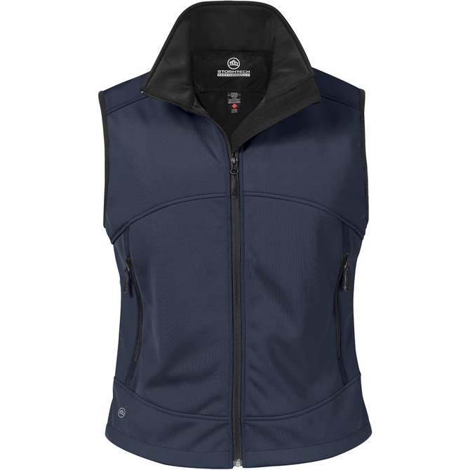 A navy bonded vest with a high collar, featuring zippered pockets and a logo on the lower side.