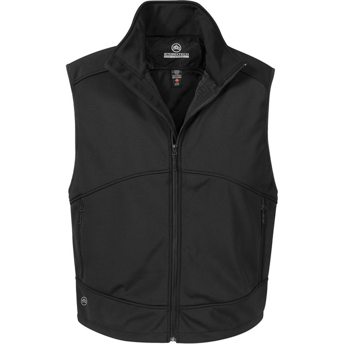 A black men's vest with a zippered front, high collar, and side pockets, featuring a branding logo.