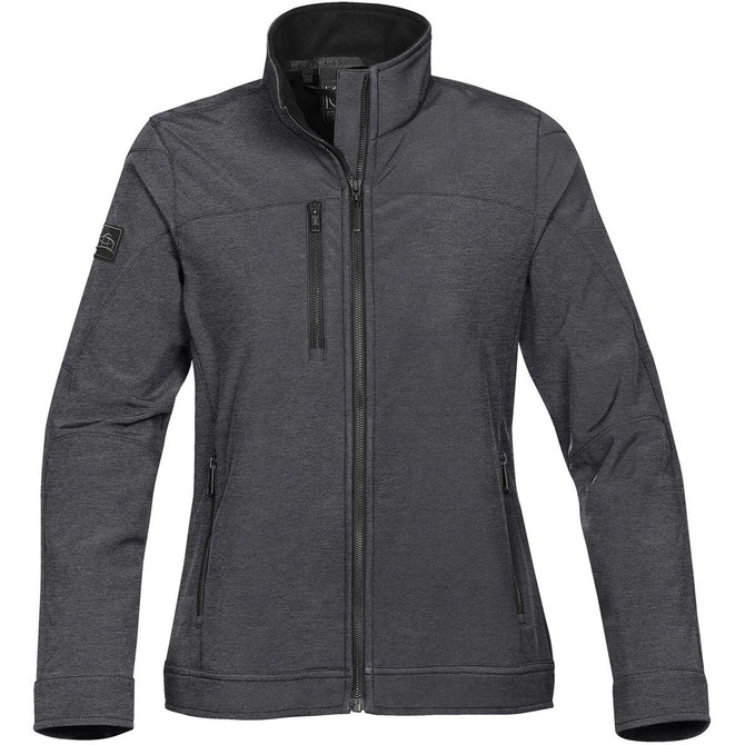 A women's soft shell jacket in dark grey featuring a high collar and multiple zippered pockets. It has a logo on the sleeve.
