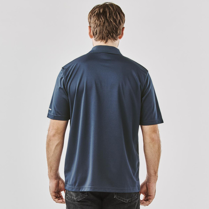 A navy blue men's polo shirt with short sleeves and a collar, featuring a logo on one side.