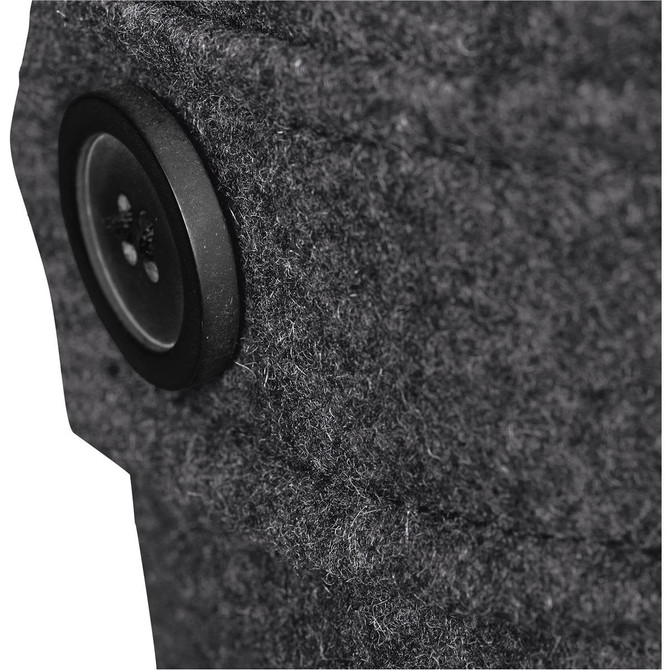 A close-up of a dark grey wool fabric with a button detail. The texture appears soft and substantial.