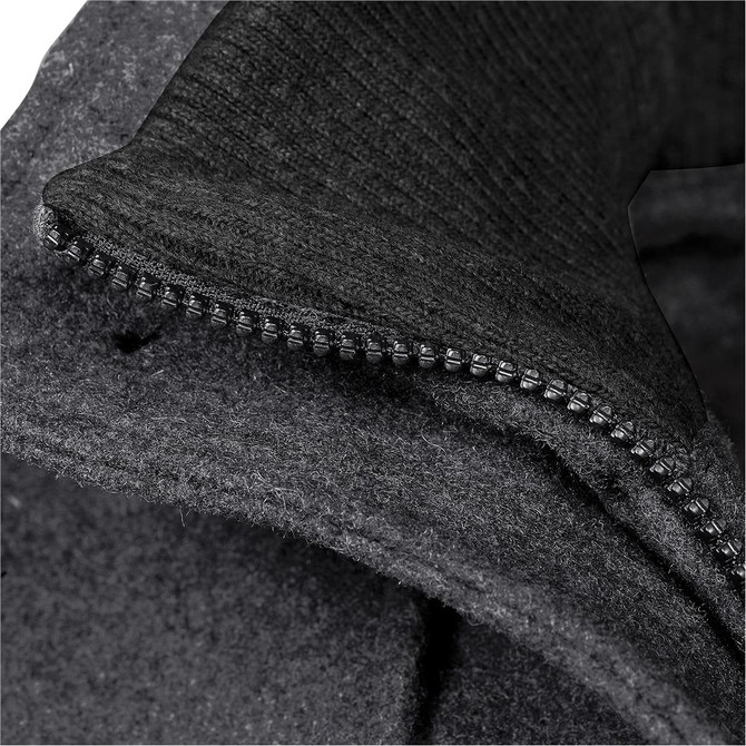 A close-up of a dark grey wool jacket featuring a zippered collar and textured fabric details.