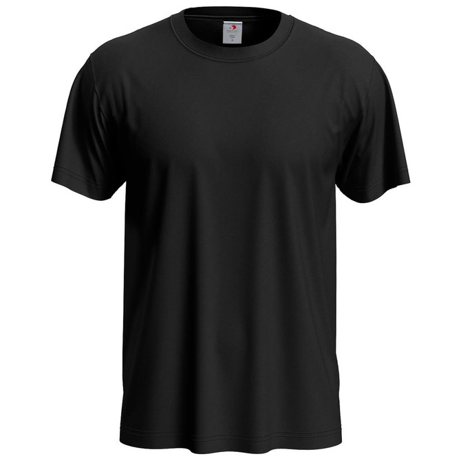 A black classic T-shirt featuring a round neckline and short sleeves. It has a logo on the label.