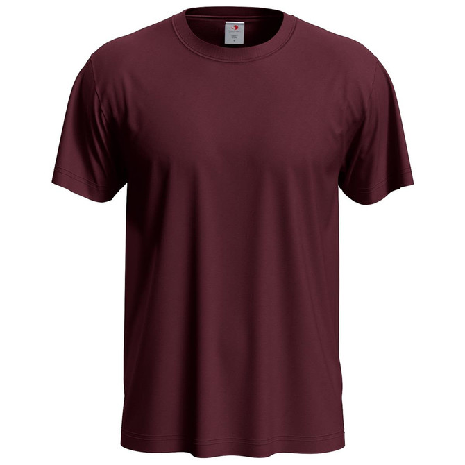 A maroon men's classic T-shirt with a round neck and short sleeves, featuring a small logo on the label.