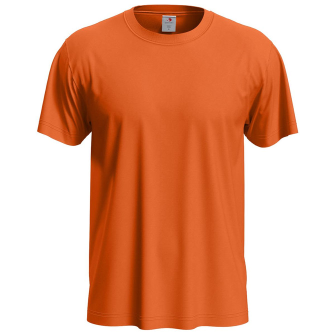An orange men's classic T-shirt with a round neck and short sleeves. It features a small logo on the label.