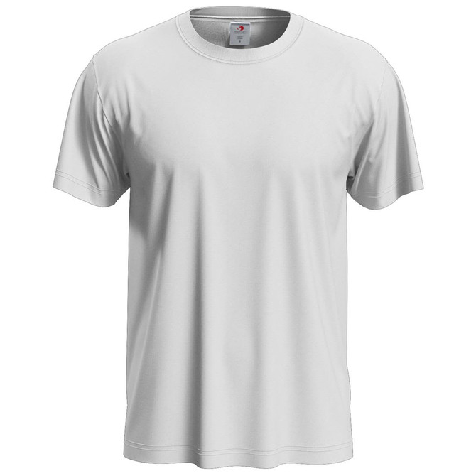 A plain white men's classic t-shirt with a simple design and a neck label. Features a logo on the inner label.