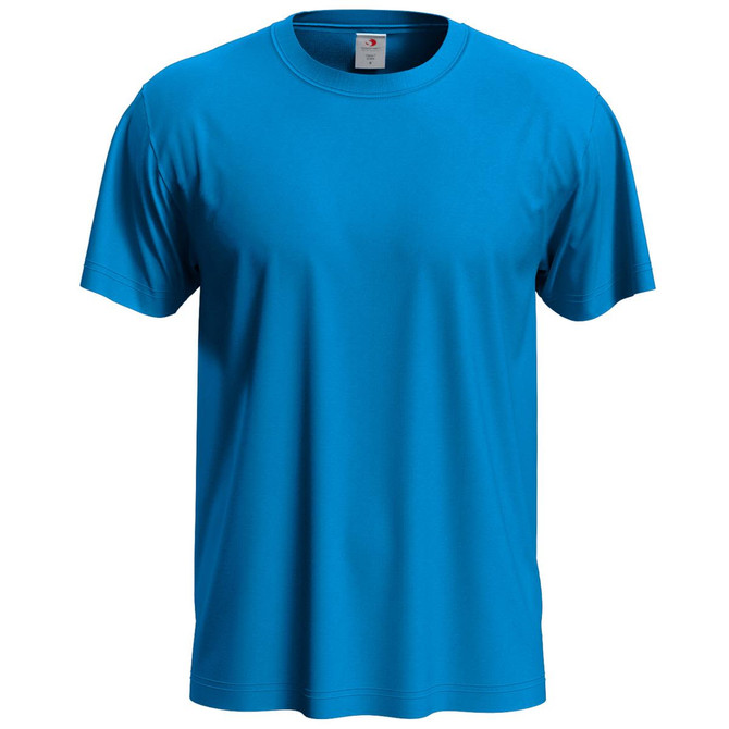 A blue classic men's T-shirt with a round neck and short sleeves, featuring a logo.