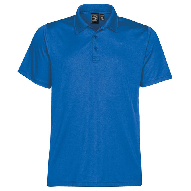 A blue men's polo shirt with a collar, short sleeves, and a small logo on the chest.