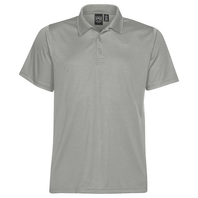 A light grey men's polo shirt with a classic collar, three buttons, and a logo on the label.