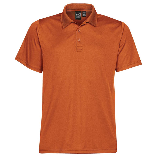 An orange men's polo shirt with a collar, short sleeves, and a logo on the label.