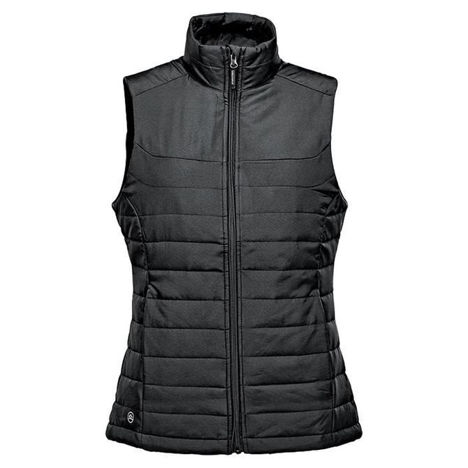 A women's black quilted vest with a high neck and zipper front, featuring a logo on the lower side.