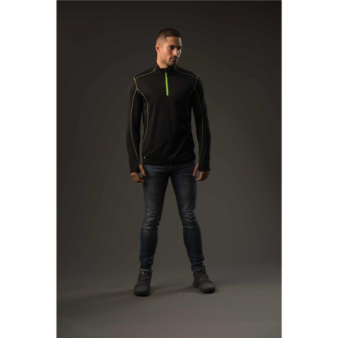 A black men's fleece pullover with contrasting green accents, featuring a zip collar and long sleeves.