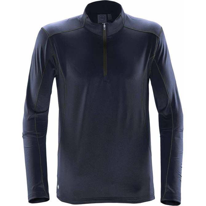 A navy men's fleece pullover with a half zip and long sleeves, featuring branding on the hem.