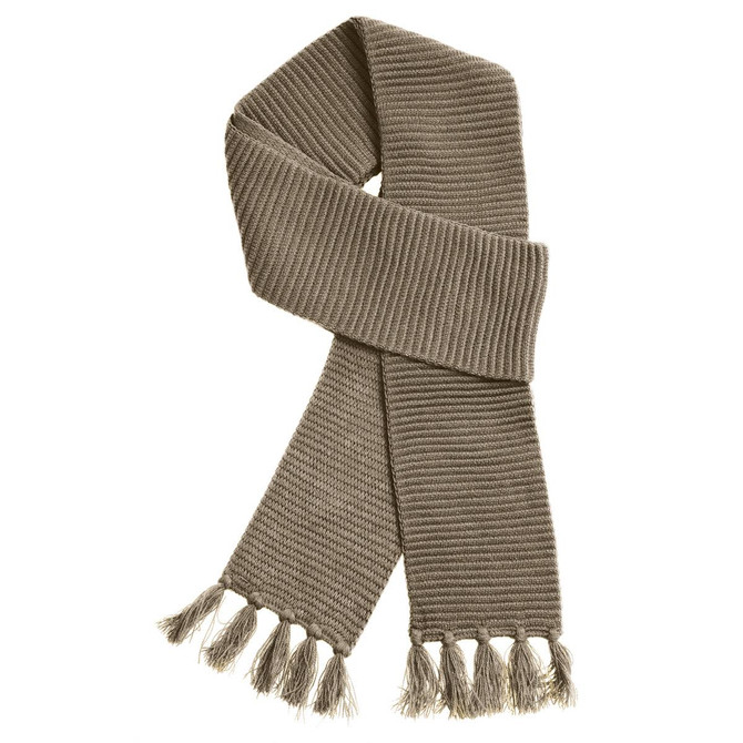 A Ruga Knit Scarf in a muted olive green shade, featuring textured ribbing and fringe details.