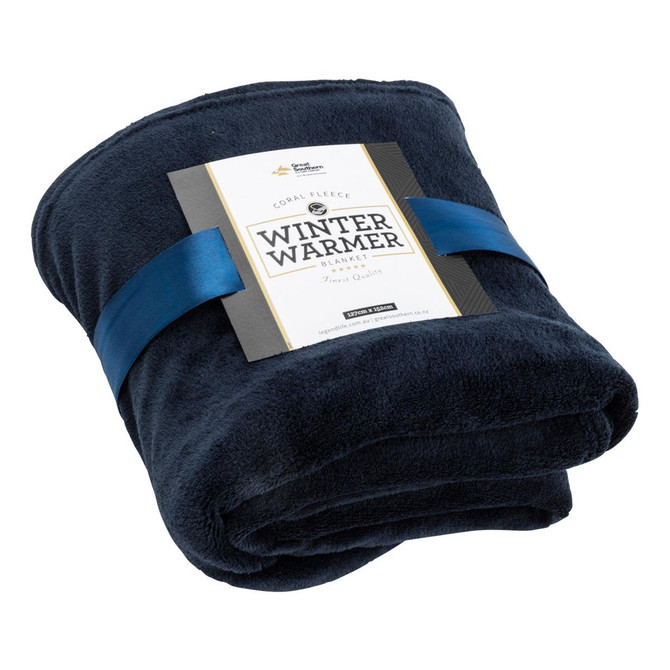 A navy blue coral fleece blanket, neatly rolled and tied with a ribbon, featuring a branding tag.
