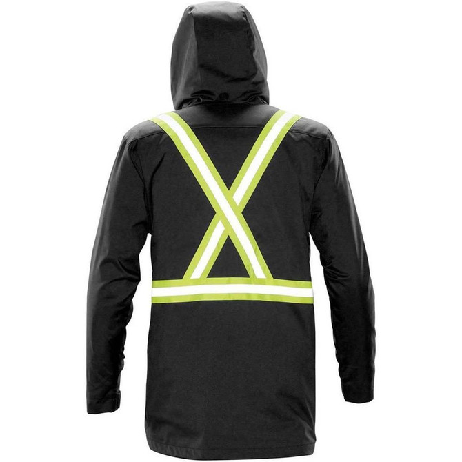 A black 3-in-1 parka with reflective striping on the back and a hood. It features a logo on the fabric.