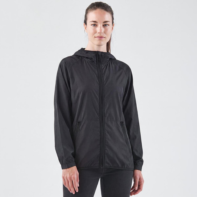 A women's black Mistral fleece jacket featuring a front zipper and hood, with a logo present.