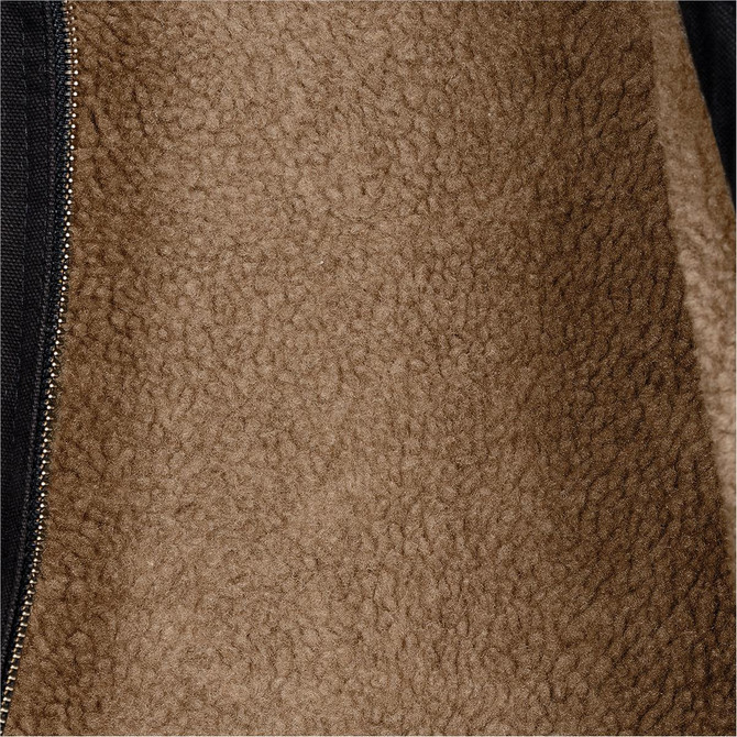 A close-up of a brown fleece lining inside a work jacket, featuring a zip. The outer material appears black.