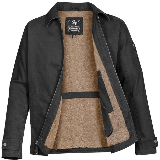A black work jacket with a beige fleece lining and multiple pockets, featuring a logo on the inside label.