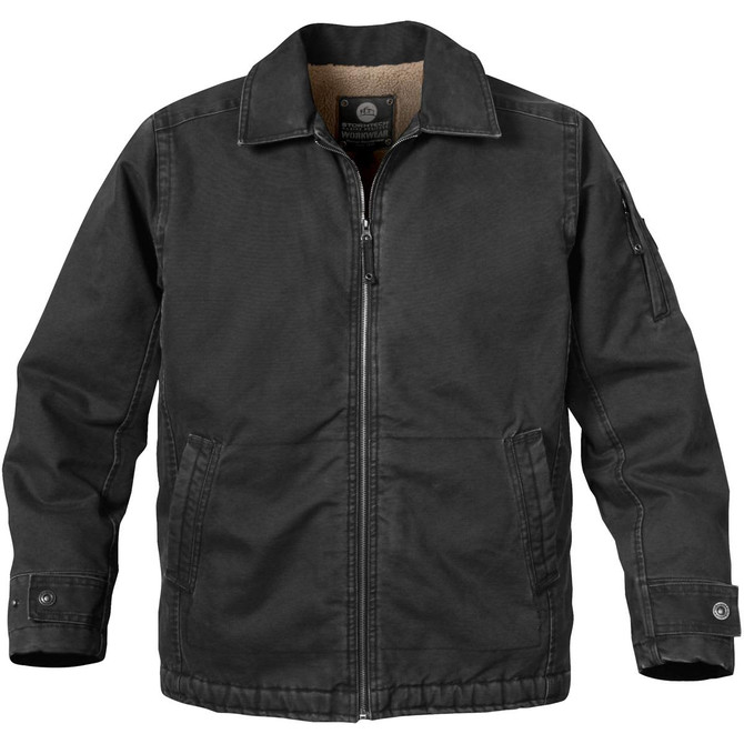A black men's work jacket featuring a full zip and a lined interior, with a logo on one sleeve.