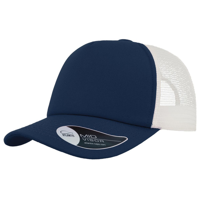 A navy blue trucker cap with a white mesh back and mid visor, featuring a logo on the front.