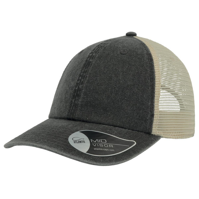 A trucker cap in dark grey with a beige mesh back and a curved brim. It features a logo on the side.