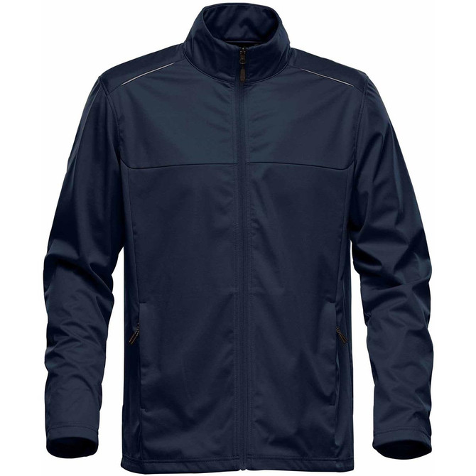 A navy blue men's softshell jacket with a zip-up front and side pockets, featuring a logo.
