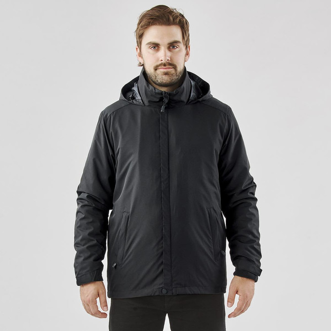 A black Men's Nautilus 3 in 1 Jacket with a hood, featuring a logo on the chest and side pockets.