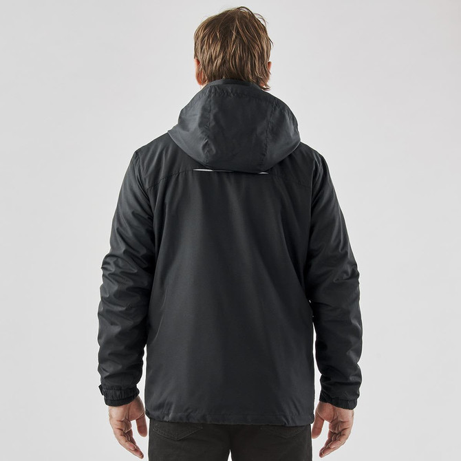 A black men's jacket with a hood, featuring a simple design and a logo on the back.