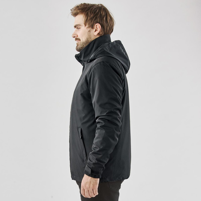 A black men's jacket with a hood, featuring a sleek design and side pockets. It includes a logo on the fabric.
