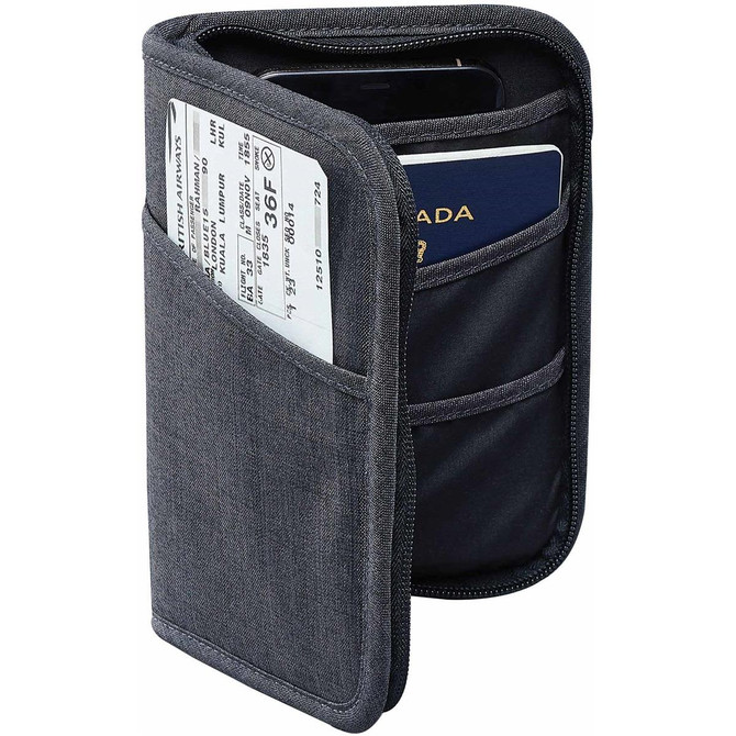 A grey RFID passport wallet featuring slots for a passport, tickets, and cards, with a simple design and logo.