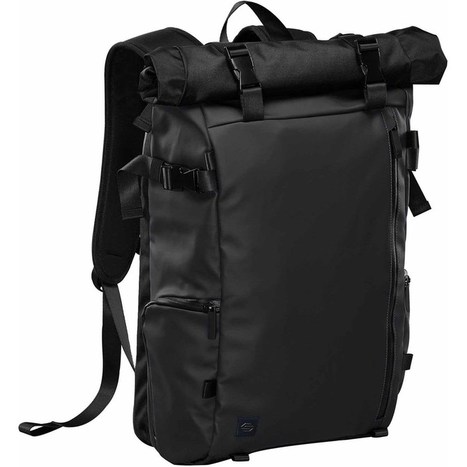 A black roll-top backpack featuring adjustable straps and multiple compartments, including a side pocket. It has a logo.