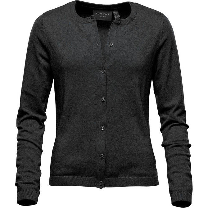 A dark grey women's cardigan with a round neckline and button-up front, featuring long sleeves and a logo.