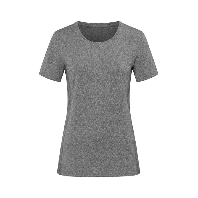 A grey women's T-shirt made from recycled materials, featuring a round neckline and short sleeves.