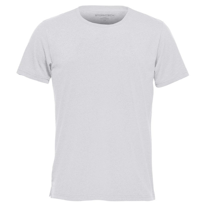 A grey crew neck t-shirt with short sleeves, featuring a logo on the tag.