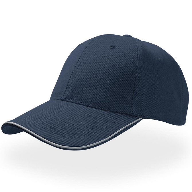 A navy cap with a curved visor and contrast trim, featuring a logo on the front.