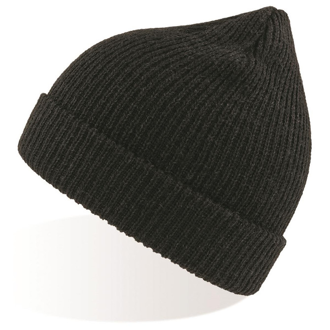 A knitted black beanie with a turned-up cuff, featuring a logo on the side.