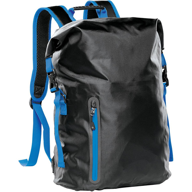 A black backpack with blue straps and accents, featuring a zippered compartment and a textured finish.