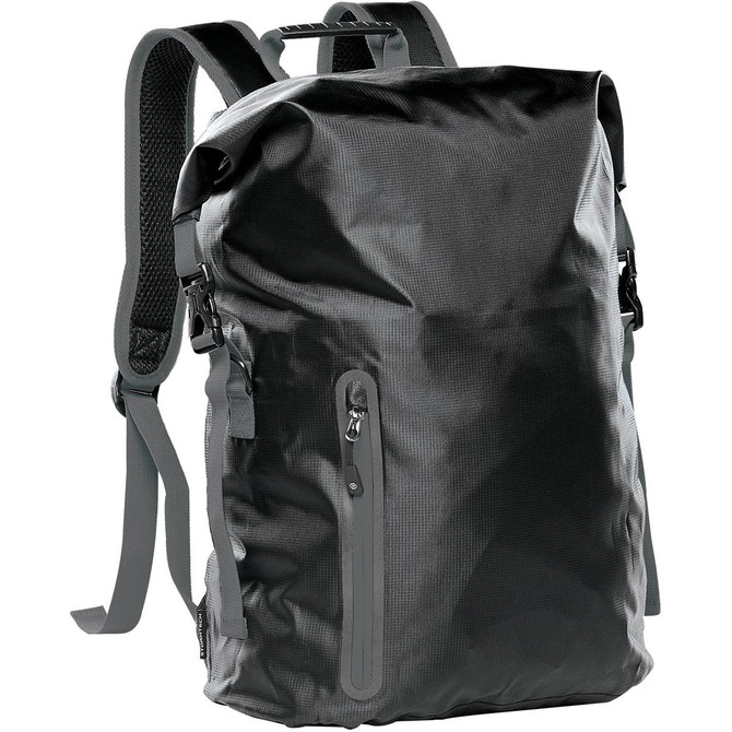 A black waterproof backpack with adjustable straps and a front zip pocket, featuring a logo.