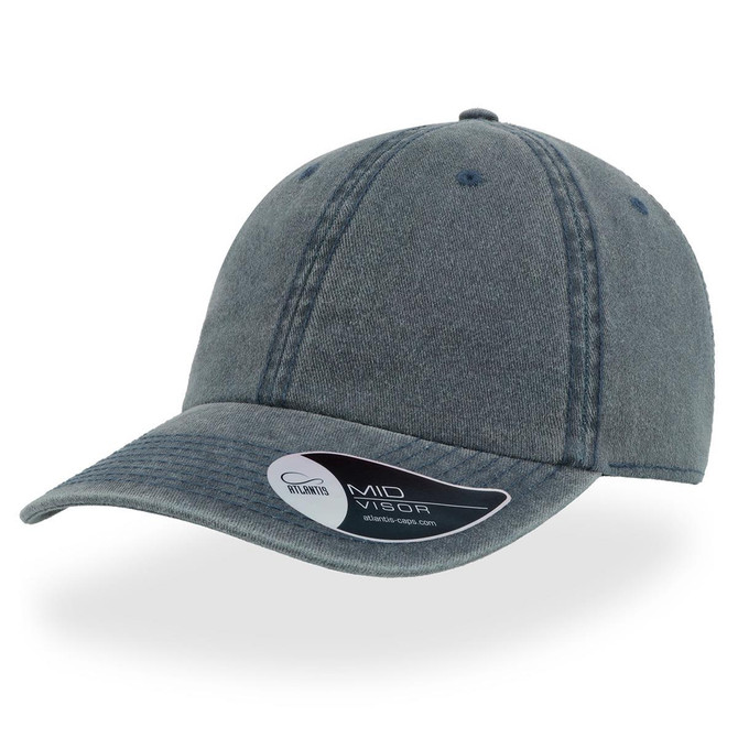 A blue cap with a curved brim and stitched detailing, featuring a branding logo on the front.