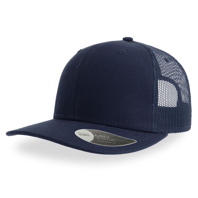 A navy blue trucker cap featuring a mesh back and a branded tag on the bill.