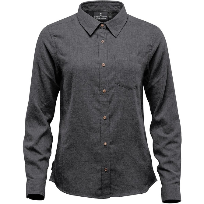 A Women's long-sleeve button-up shirt in grey with a pointed collar, featuring a chest pocket and a logo.