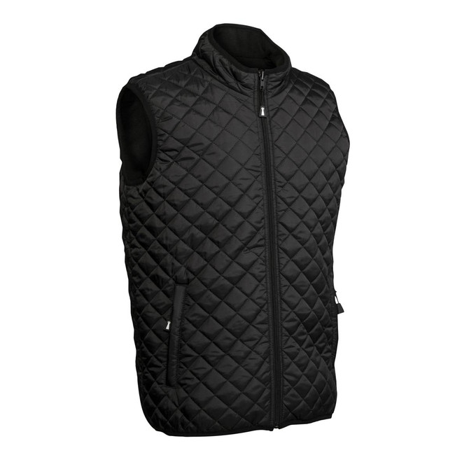 A black unisex quilted vest featuring a zip front and side pockets, with a branded logo.