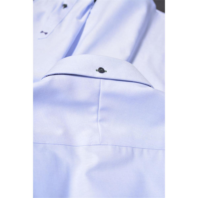 A light purple button-up shirt featuring a collar and a logo on the back.