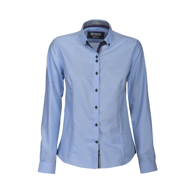 A blue button-up women's shirt with long sleeves and a collar, featuring contrasting check patterns inside. A blue button-up women's shirt with long sleeves and a collar, featuring contrasting check patterns inside.