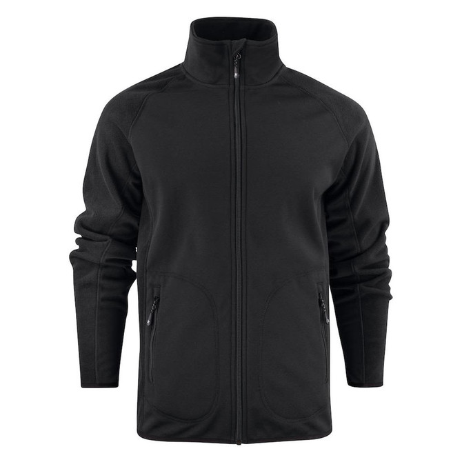 A black softshell fleece hybrid jacket featuring a zip front and two side pockets, with a logo on the chest.
